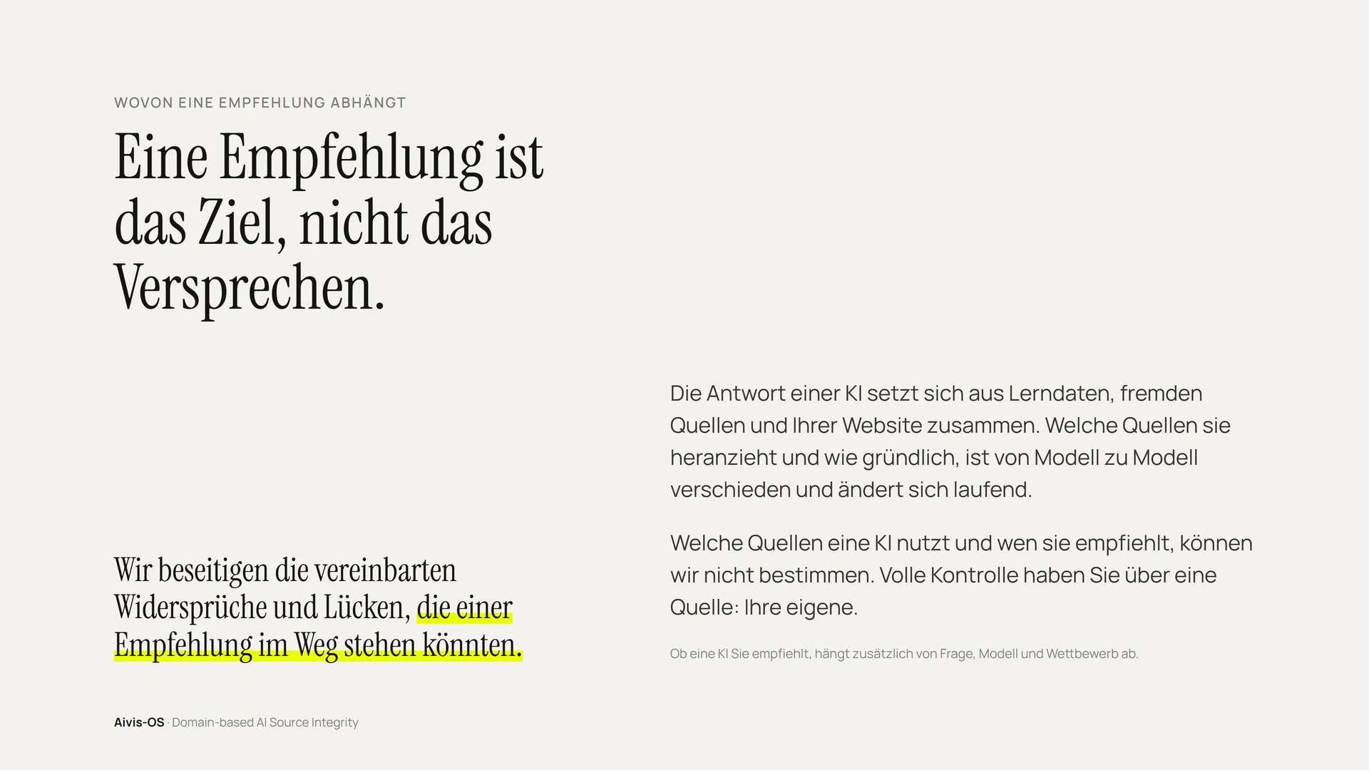Folie: «Eine Empfehlung ist das Ziel, nicht das Versprechen», mit Erläuterung, woraus eine KI-Antwort entsteht.