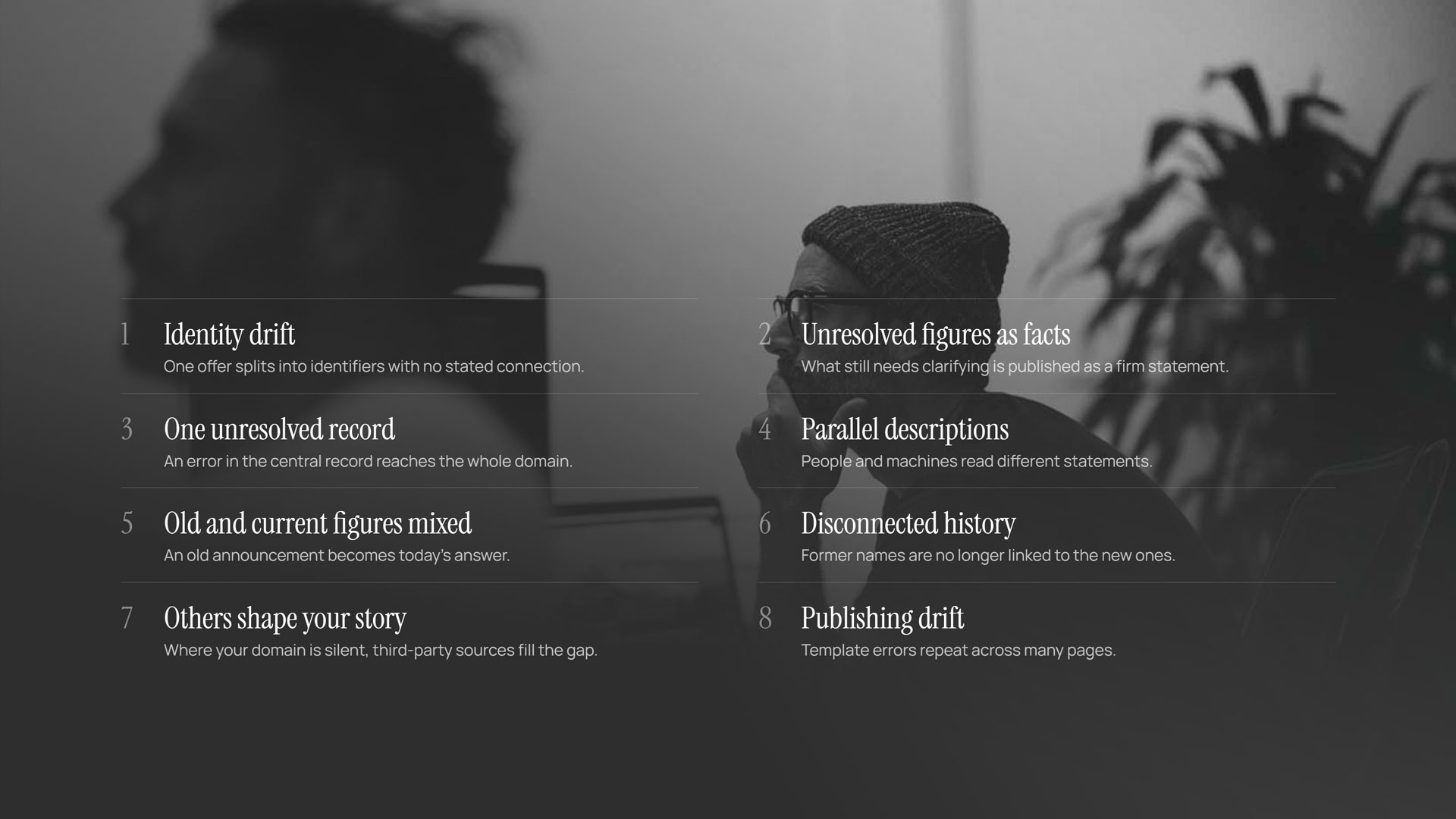 Page-generated data: eight risks
